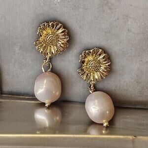 NEW 14K yellow gold sunflower flower freshwater Pearl drop earrings jewelry B21B